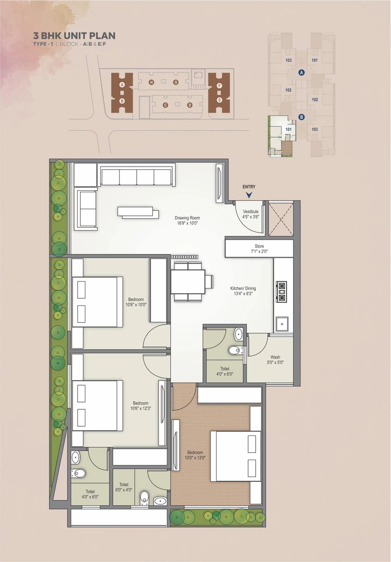 3BHK Unit Plan Type 1 Block A,B,E&F